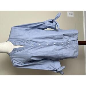 Talbots Blue Cotton Button Down Blouse Tie Sleeve Tunic Shirt Small
